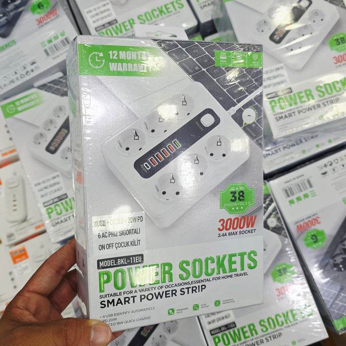 6 prizli 5 usb + 20w pd AC priz sigortalı on off çocuk kilitli dayanıklı 3000W - G6B - KolayMagza