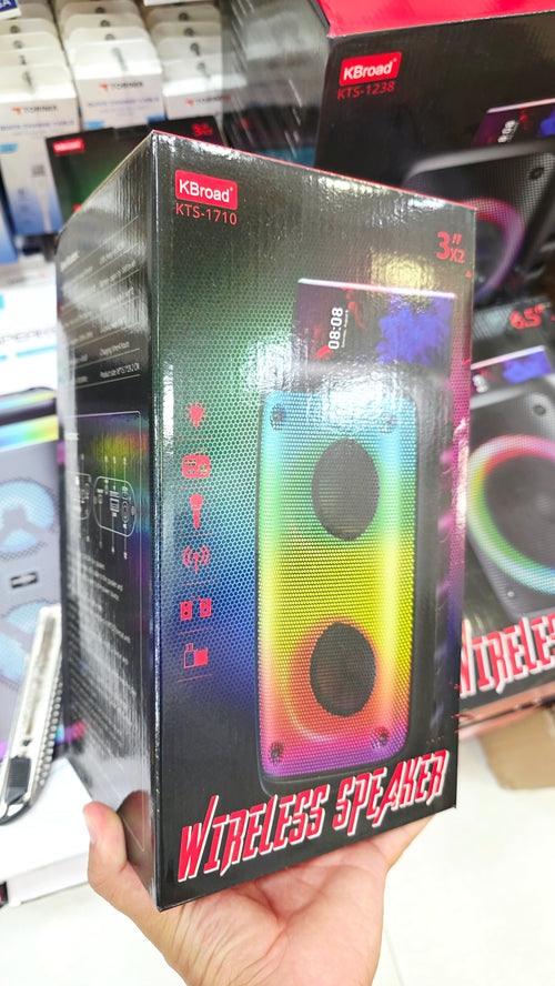KTS-1710 Taşınabilir Kablosuz Bluetooth Hoparlör - RGB Led Işıklı, Çift 3" İnç Sürücü, FM Radyolu Ses Bombası TORİMA
