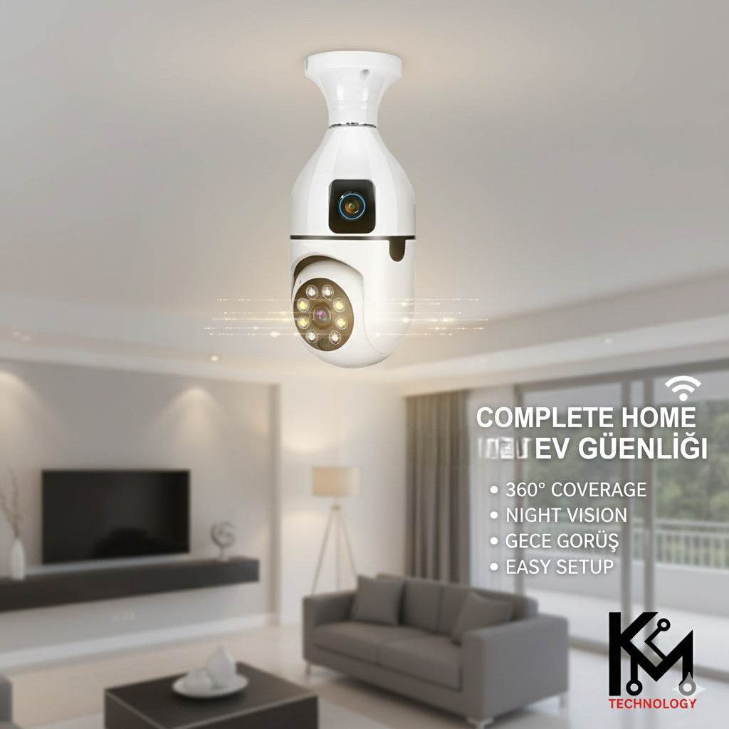 Wifi panorama Çift camera mikrofonlu 360 derece döner led ışıklı gece görüşlü full hd ampul kamera - G5J - KolayMagza