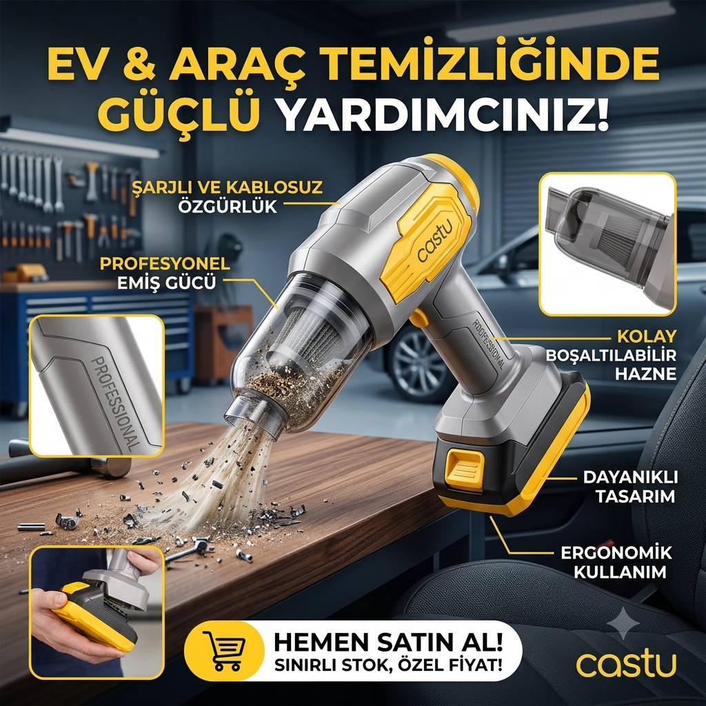 Castu Cs62 Plus Max 20000Pa Yüksek Emişli Kablosuz Şarjlı El Süpürgesi - 48000RPM Motorlu Çok Amaçlı Üfleme ve Şarjlı Süpürge