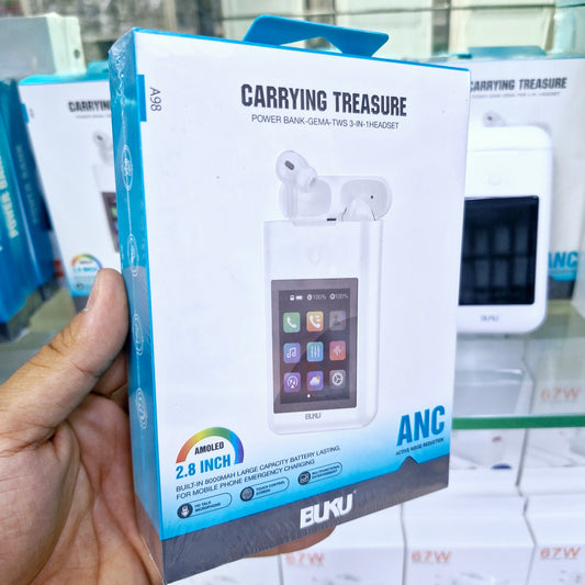 8,000 mah USB çıkışlı powerbankli amoled ekranlı kulak içi ANC dokunmatik bluetooth kulaklık A98