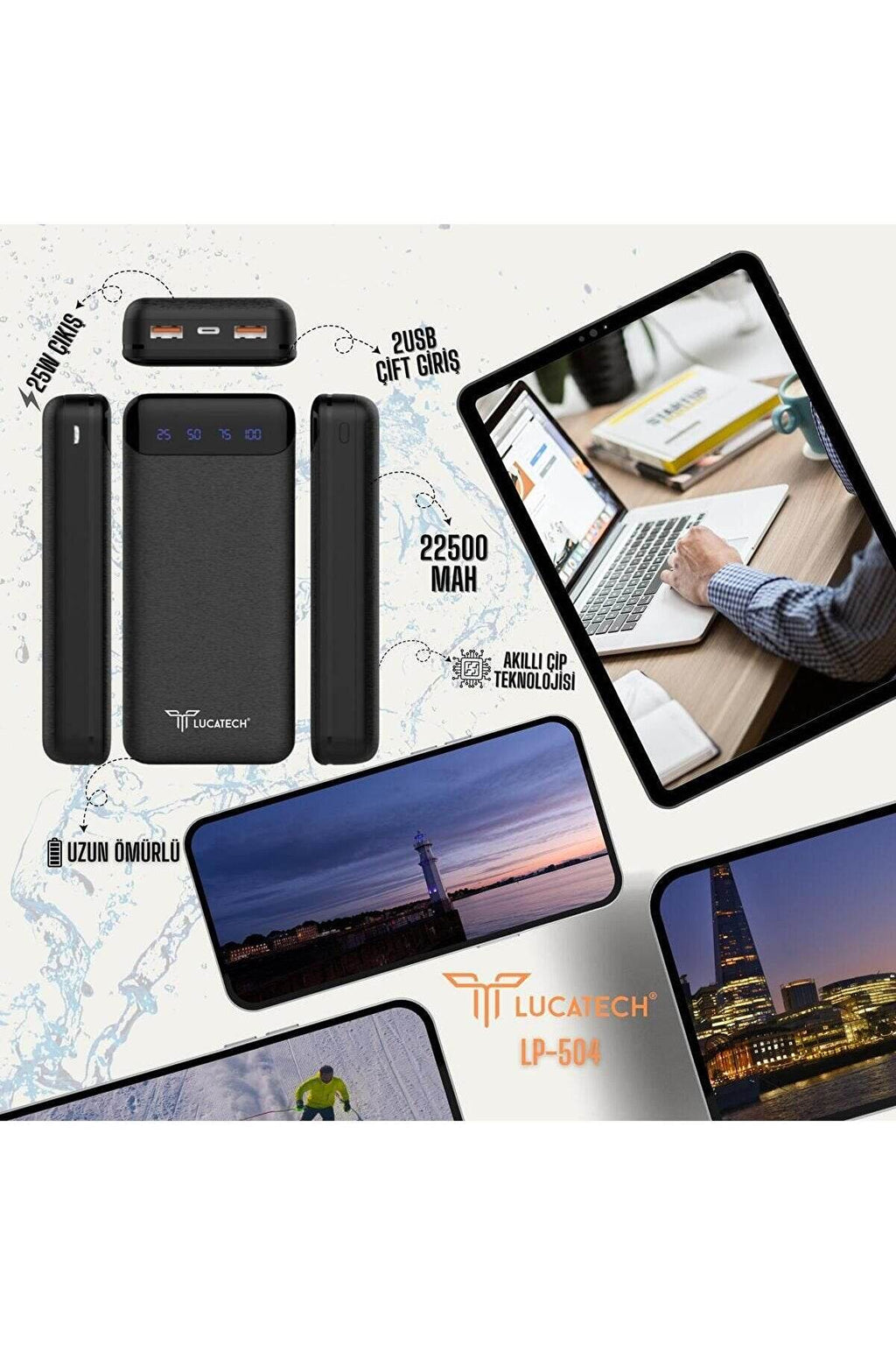 22500 mah çift usb ve 25w pd girişli turbo destekl led seviye ışıklı taşınabilir powerbank lp-504 - P1A - KolayMagza