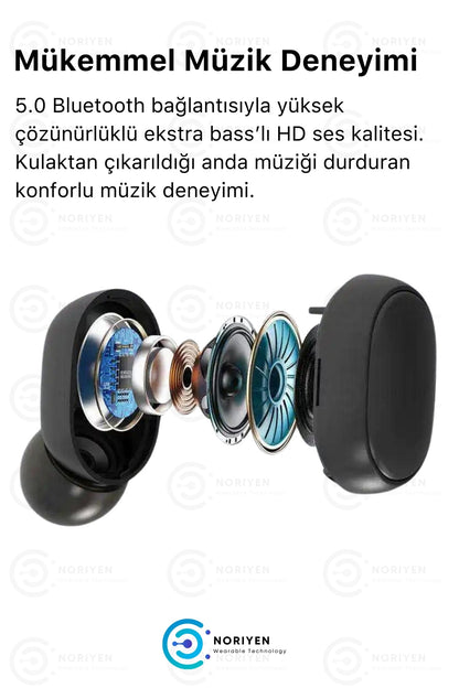 E6s şarj göstergeli mikrofonlu kulak içi tere dayanıklı bluetooth kulaklık
