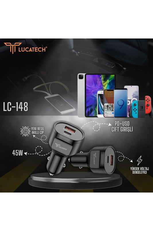 Lc-148 usb+typeC çift çıkışlı turbo destekli araç şarj başlık 45W