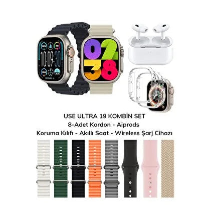 Use ultra19, 8 kordonlu ve airpods pro bluetooth kulaklıklı akıllım saat kombo - A3H