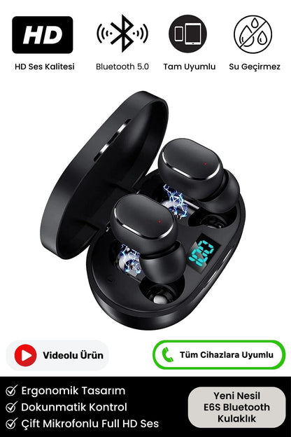 E6s şarj göstergeli mikrofonlu kulak içi tere dayanıklı bluetooth kulaklık