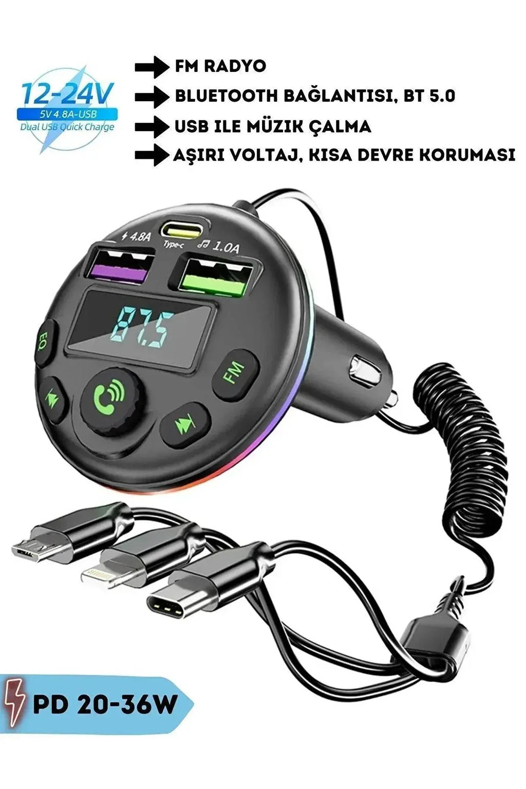 Araç içi bluetooth fm transmitter - micro typec lightning 3ü1 arada - pd 20-36w hızlı şarj, usb müzik çalar, hands-free arama g14 - G4Q - KolayMagza KM Technology