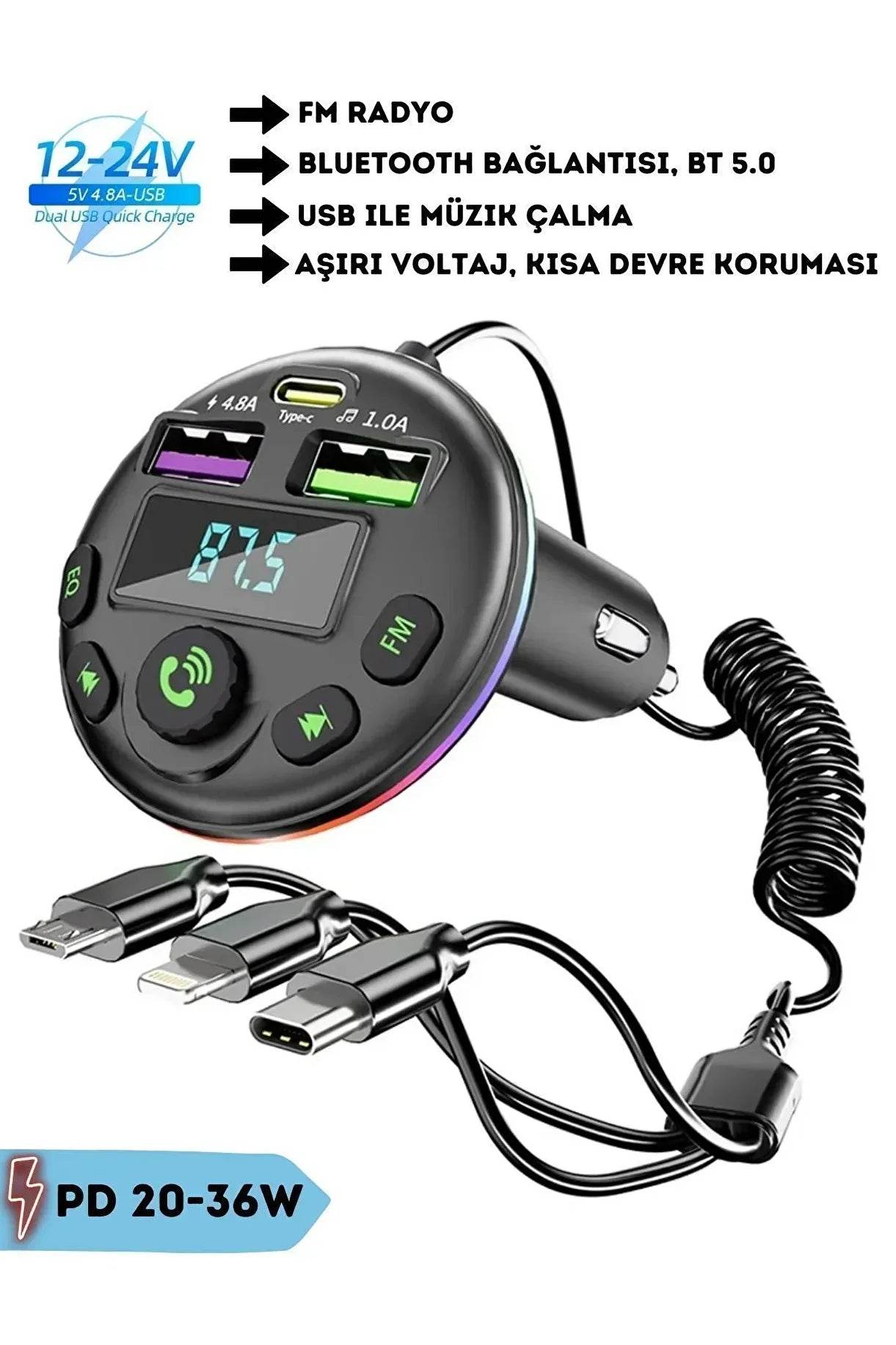 Araç içi bluetooth fm transmitter - micro typec lightning 3ü1 arada - pd 20-36w hızlı şarj, usb müzik çalar, hands-free arama g14 - G4Q - KolayMagza