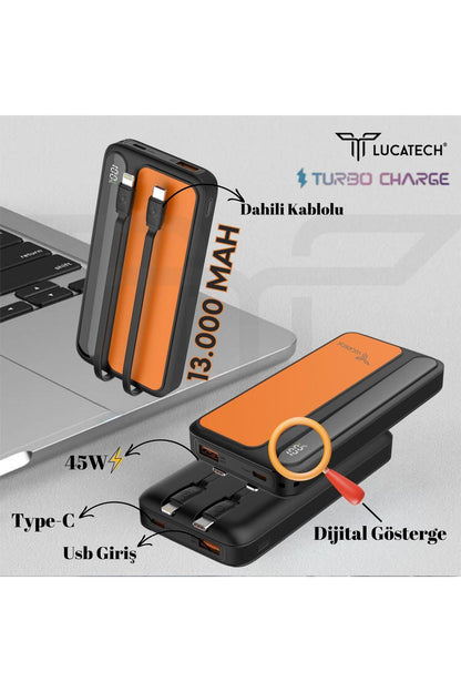 13000 mah kendisinden typeC lightning kablolu dijital göstergeli usb ve pd çıkışlı 45w taşınabilir powerbank lp-506