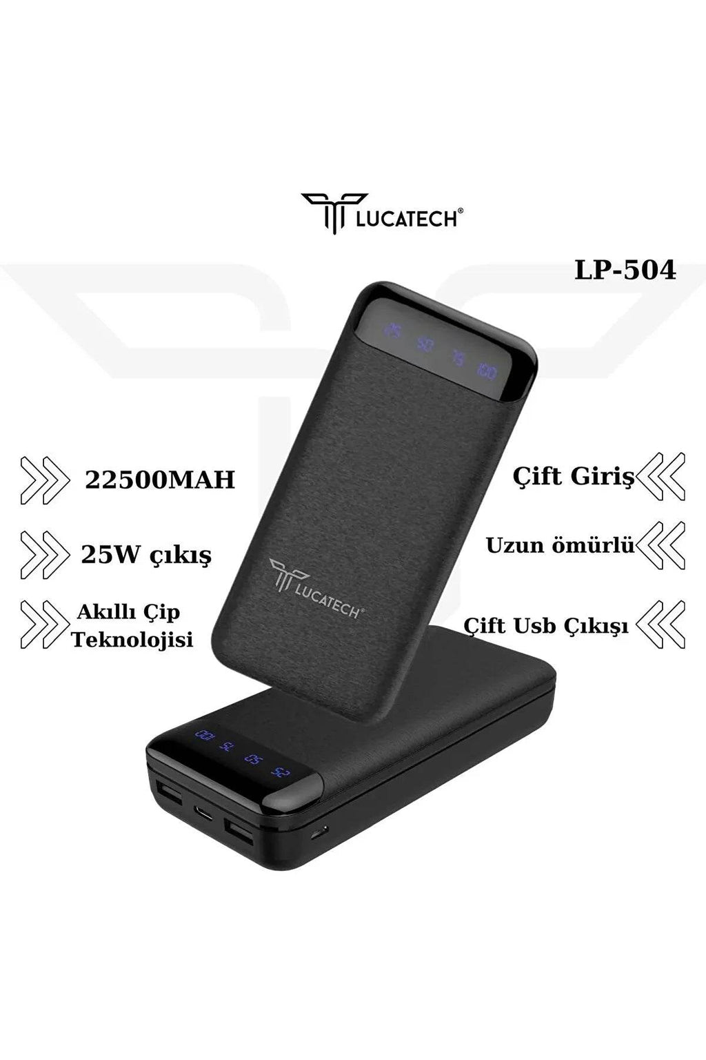 22500 mah çift usb ve 25w pd girişli turbo destekl led seviye ışıklı taşınabilir powerbank lp-504 - P1A - KolayMagza