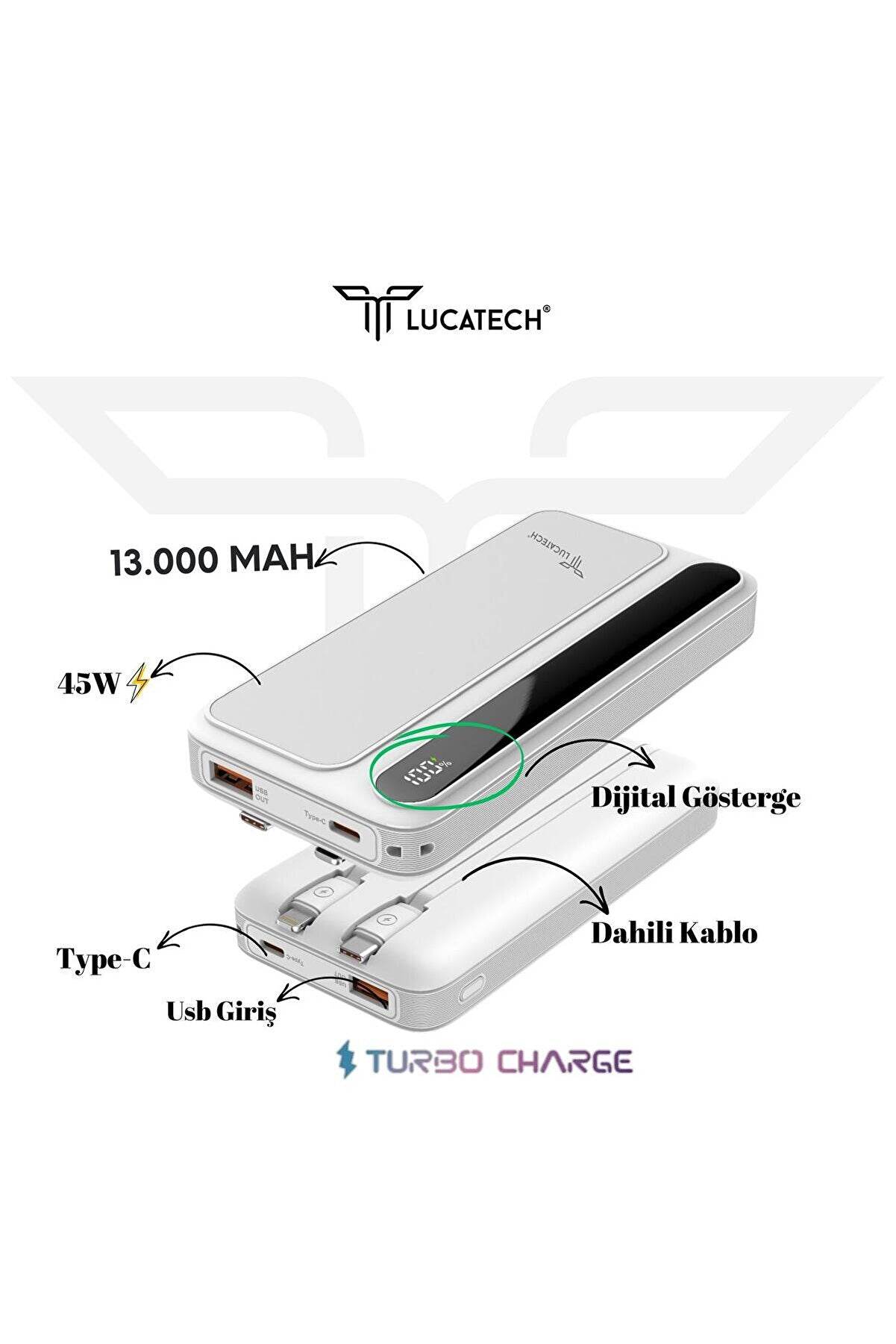 13000 mah kendisinden typec lightning kablolu dijital göstergeli usb ve pd çıkışlı 45w taşınabilir powerbank lp-506 - P1F - KolayMagza