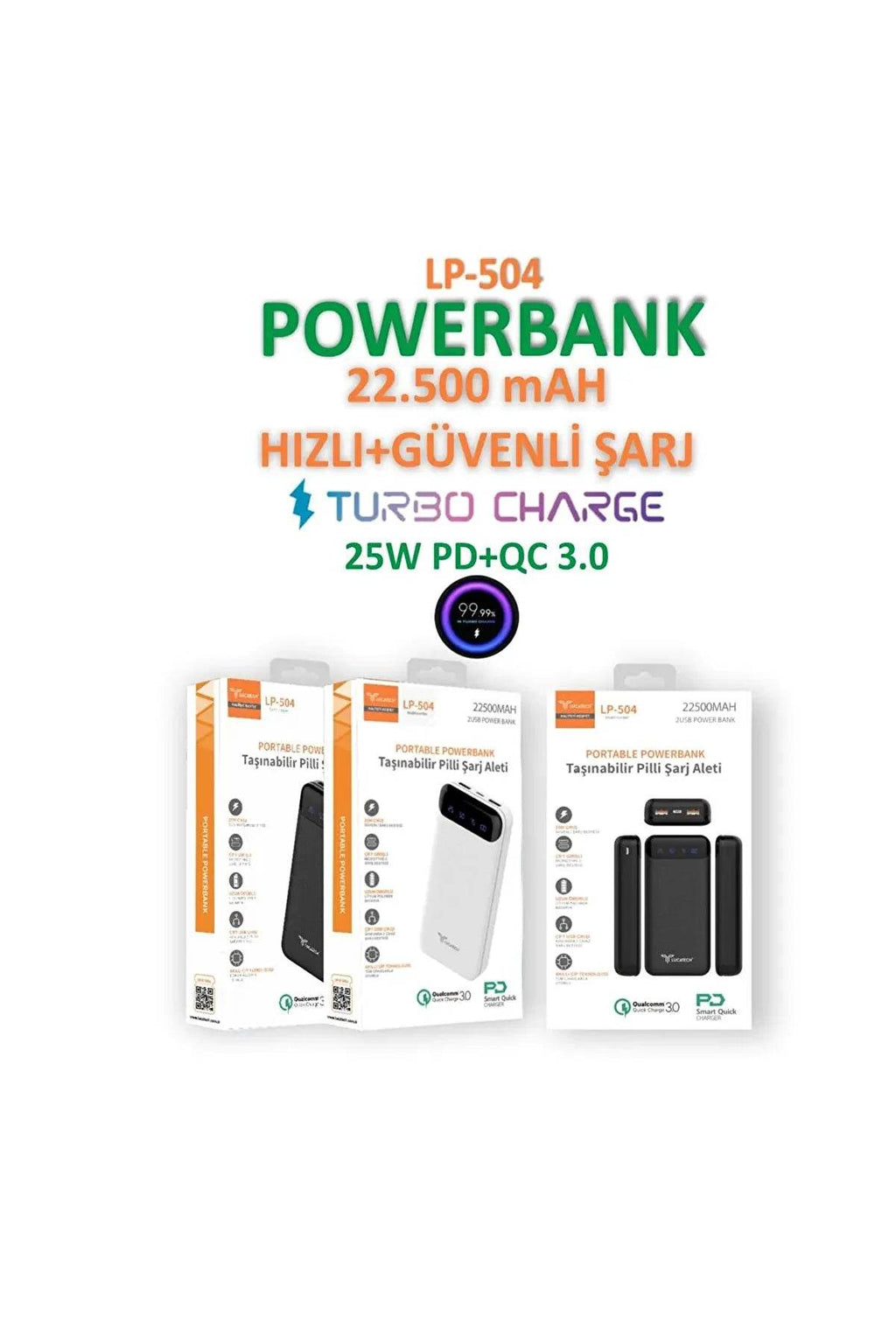 22500 mah çift usb ve 25w pd girişli turbo destekl led seviye ışıklı taşınabilir powerbank lp-504 - P1A - KolayMagza