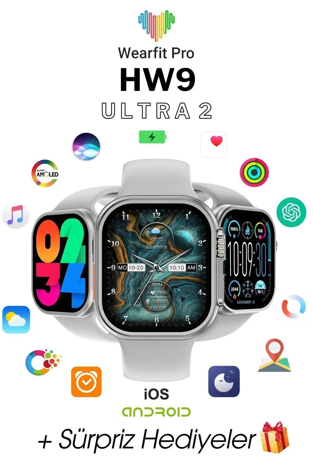 Hw9 ultra2 49mm amoled ekranlı 3 kordonlu ios android uyumlu akıllı saat - A2Z - KolayMagza