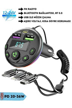 Araç içi bluetooth fm transmitter - micro typec lightning 3ü1 arada - pd 20-36w hızlı şarj, usb müzik çalar, hands-free arama g14 - G4Q - KolayMagza KM Technology