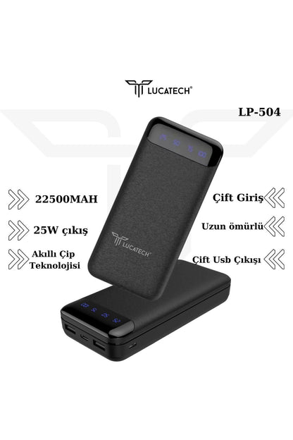 بنك طاقة محمول LP-504 بسعة 22500 مللي أمبير في الساعة ومدخل USB مزدوج ومدخل PD بقوة 25 وات مدعوم بضوء LED على مستوى منخفض