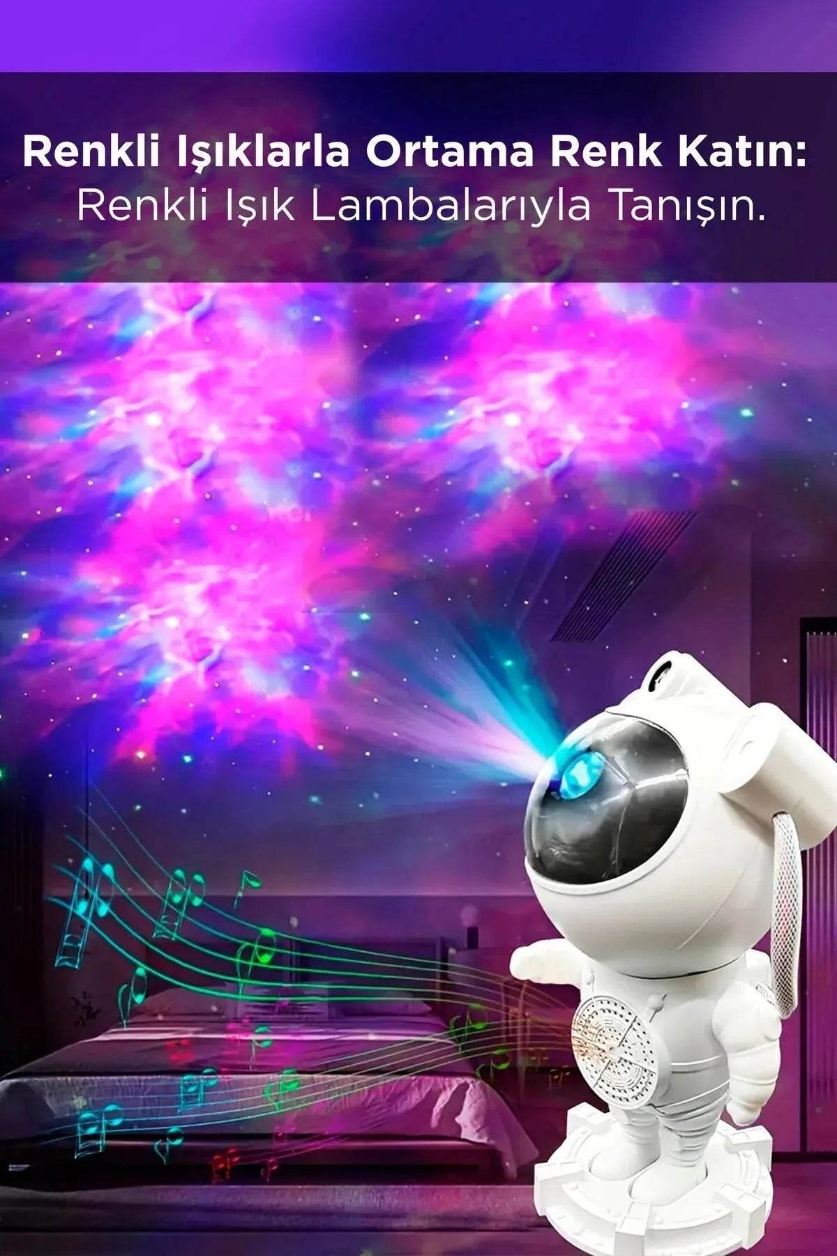 Astronot bluetooth hoparlör | gökyüzü ışık yansıtmalı, kumandalı, 360° döner gece lambası - H2P - KolayMagza
