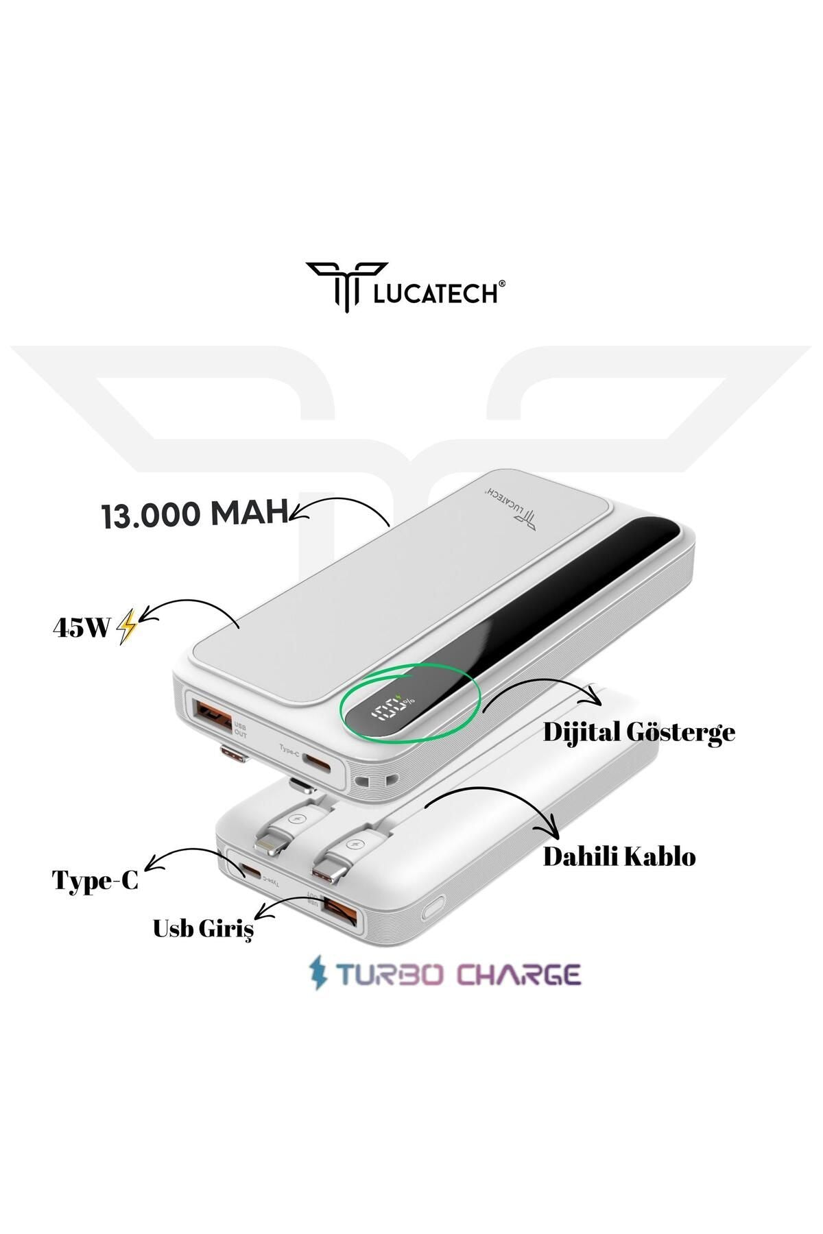 13000 mah kendisinden typeC lightning kablolu dijital göstergeli usb ve pd çıkışlı 45w taşınabilir powerbank lp-506