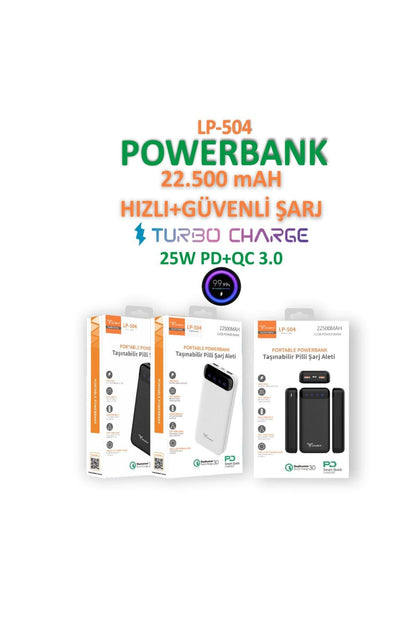 بنك طاقة محمول LP-504 بسعة 22500 مللي أمبير في الساعة ومدخل USB مزدوج ومدخل PD بقوة 25 وات مدعوم بضوء LED على مستوى منخفض