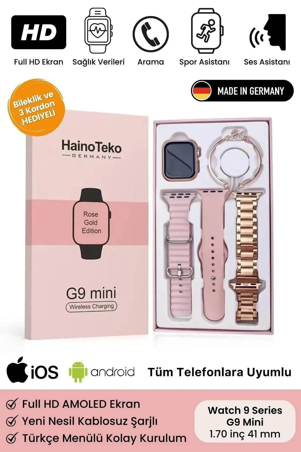 G9 mini 41mm akıllı kadın saati – bilezikli, 3 kordonlu, şık ve akıllı - A2D - KolayMagza