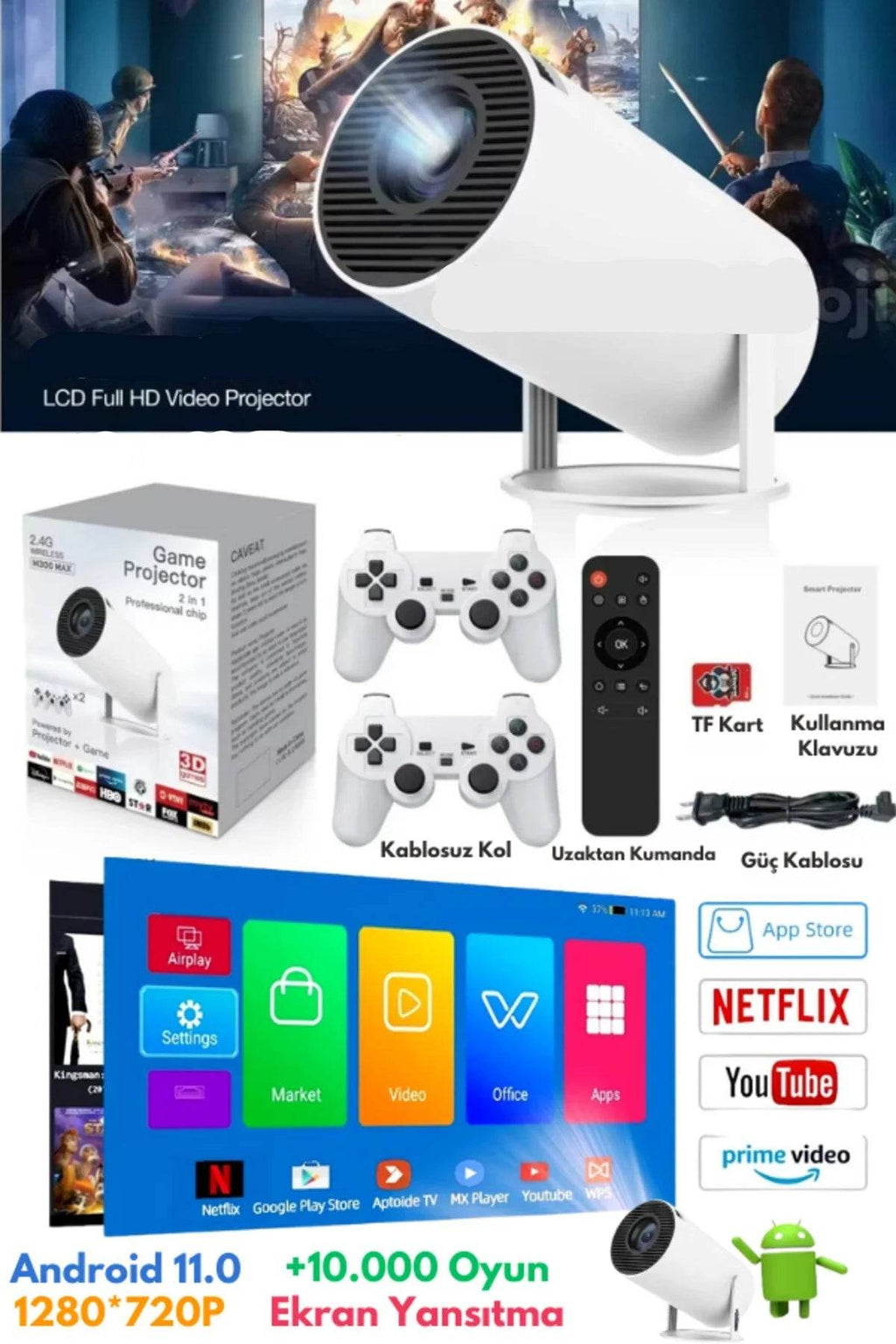 2,4G kablosuz game oyun projeksiyon çift kollu kumandalı youtube netflix destekliultra HD - G5X - KolayMagza