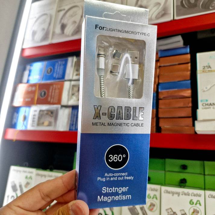 X-cable 3'ü 1 arada 2a mıknatıslı metal şarj kablosu | micro usb + type-c + lightning uçlu | 360° dönebilen manyetik kablo - S3J - KolayMagza