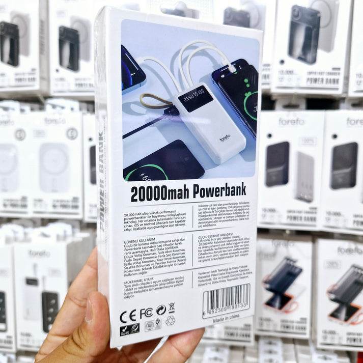 Forefo 20.000 mah powerbank | dahili type-c & lightning kablo | 22.5w hızlı şarj | led göstergeli | çift usb + type-c girişli taşınabilir şarj cihazı - P1H - KolayMagza