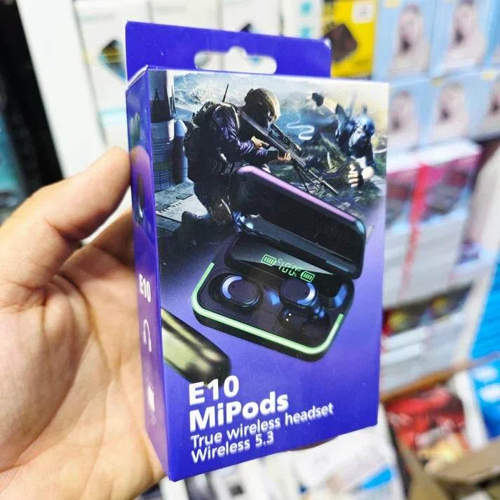 سماعة بلوتوث E10 mipods داخل الأذن مع إضاءة RGB ومؤشر LED سعة 1000 مللي أمبير مع باور بانك.