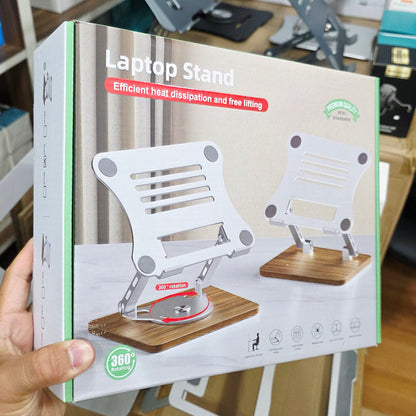 Metal 360 degree rotating adjustable height laptop and tablet holder desktop stand with wooden base Vip - N1S