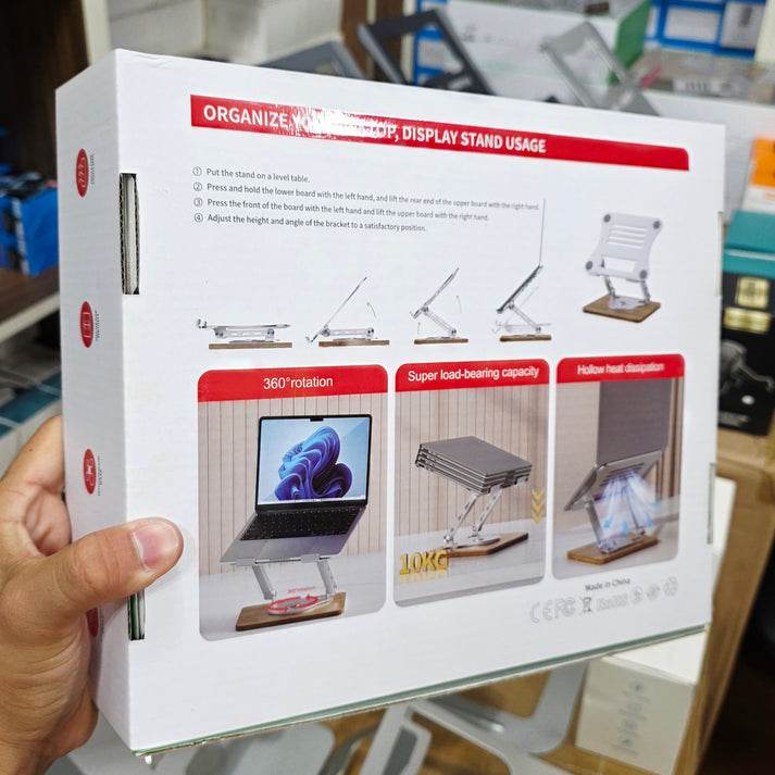 Ahşap tabanlı metal 360 derece döner ayarlanabilir yükseklik laptop ve tablet tutucu masaüstü standı Vip - N1S - KolayMagza