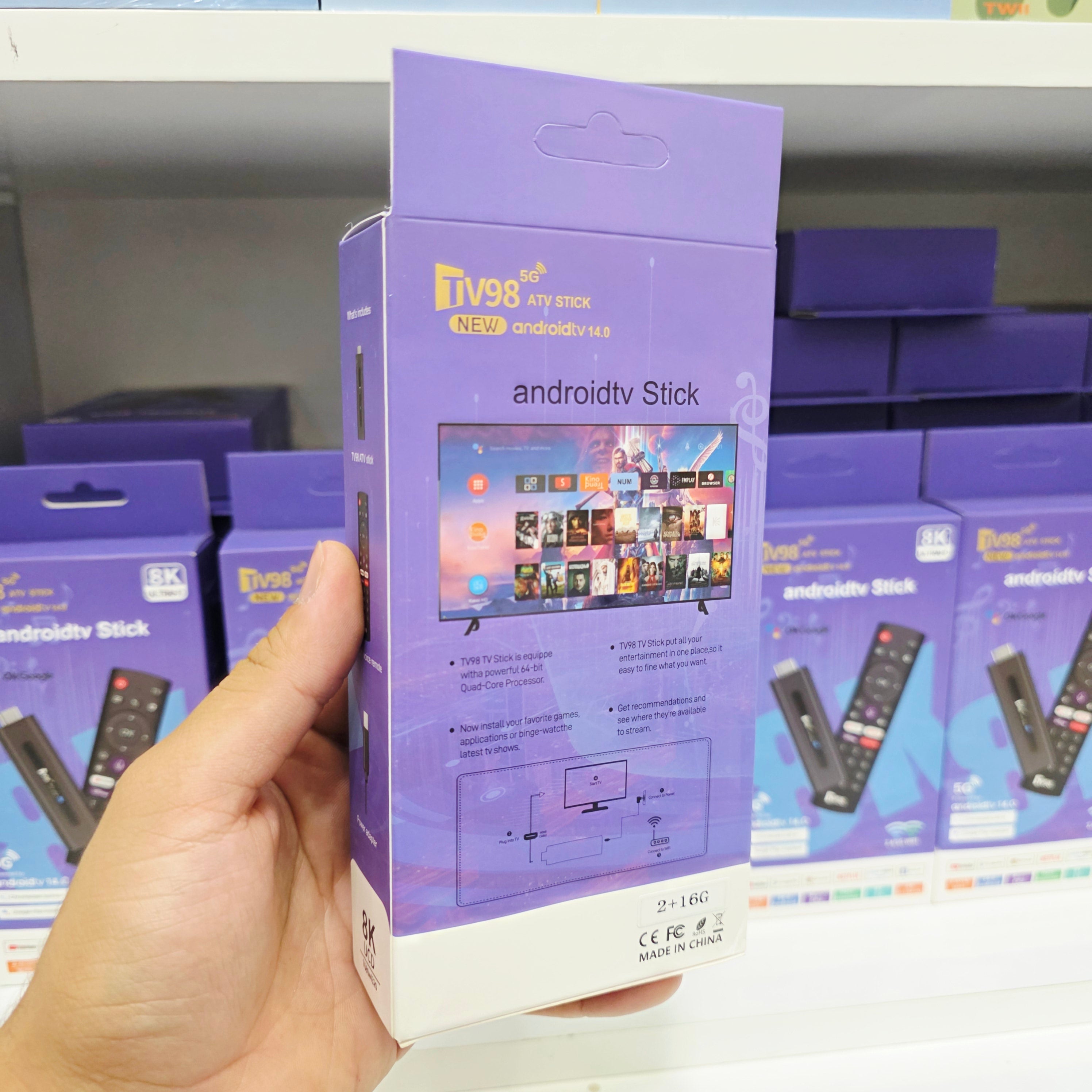 TV98 ATV Stick Mini TV Stick Android 14 H618 Quad Core Cortex A53 يدعم فيديو 8K 2.4G 5G WiFi BT5.0 جهاز تحكم عن بعد صوتي صندوق تلفزيون ذكي (2 + 16 جيجابايت) - G6H