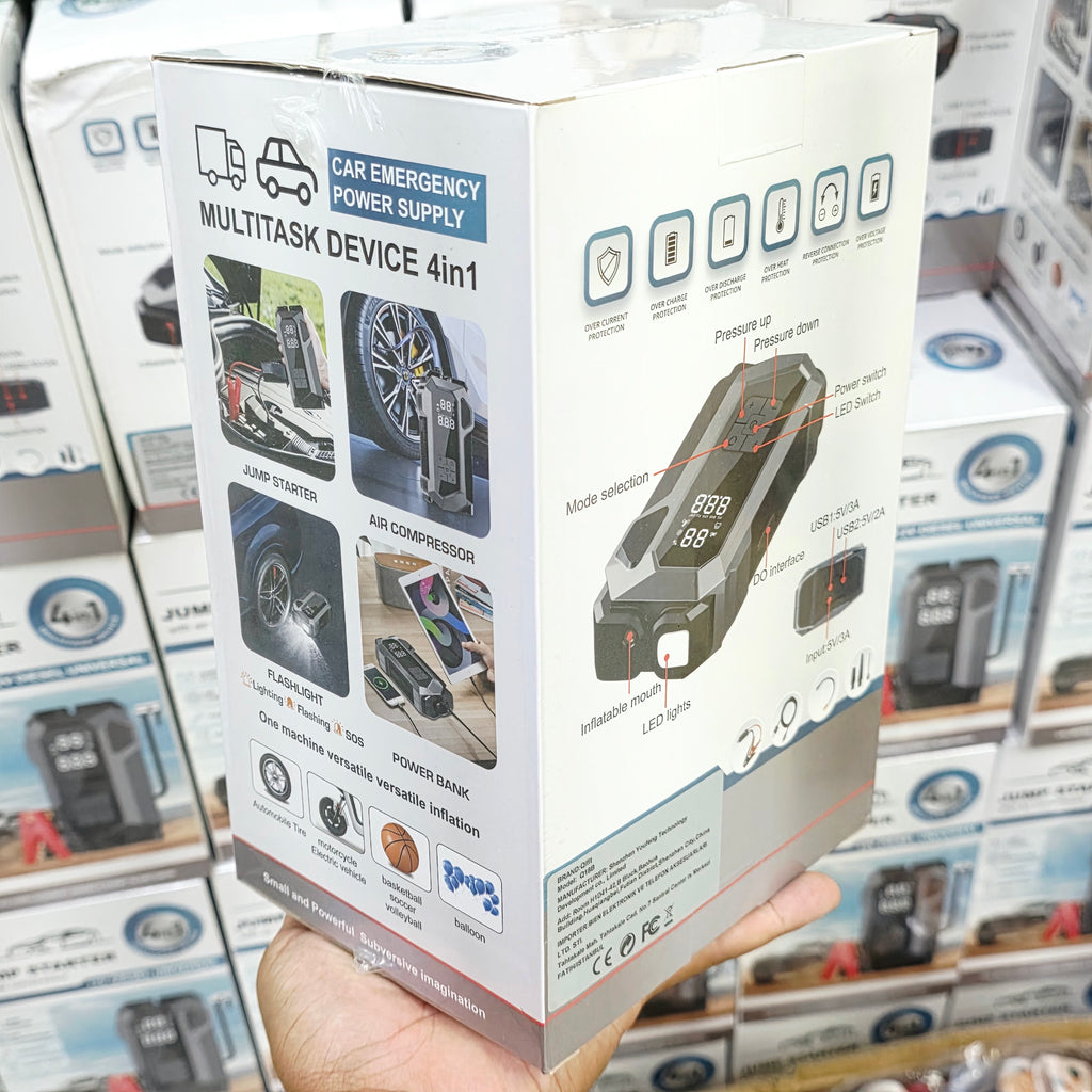 4'ü 1 Arada Taşınabilir Araç Akü Takviye Cihazı (Jump Starter) ve Dijital Hava Kompresörü - 12V Diesel Universal + el fenerli
