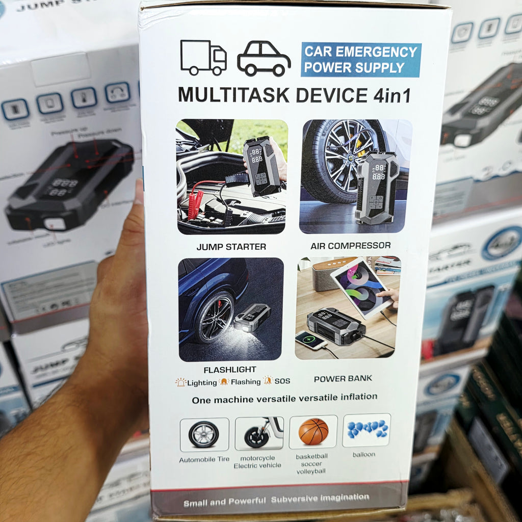 4'ü 1 Arada Taşınabilir Araç Akü Takviye Cihazı (Jump Starter) ve Dijital Hava Kompresörü - 12V Diesel Universal + el fenerli