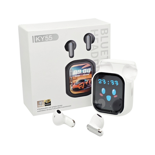 KY55 Akıllı Dijital Ekranlı TWS Bluetooth Kablosuz Kulak İçi Kulaklık - Beyaz JBK