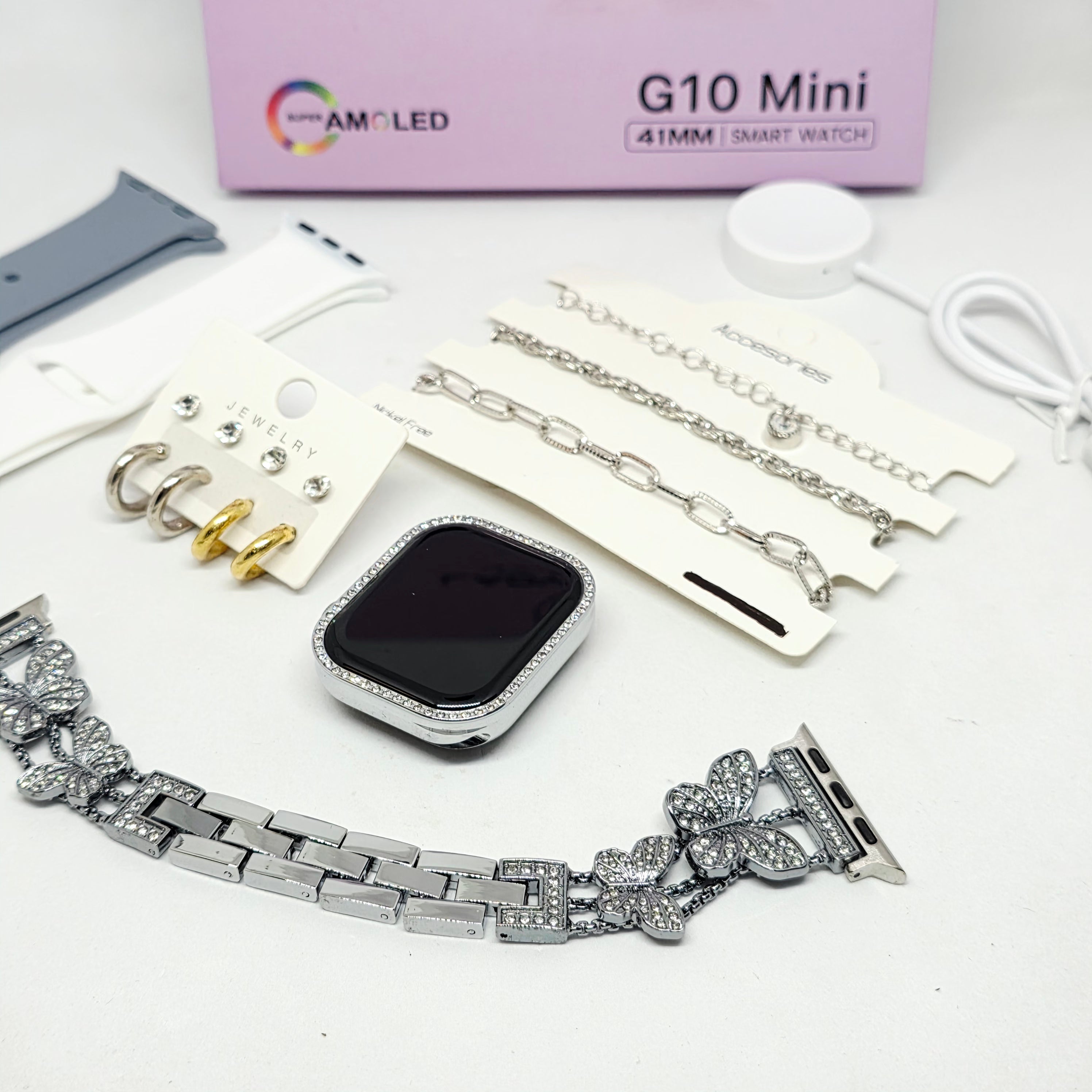 G10 Mini Kadın Akıllı Saat 41mm Süper AMOLED Ekran Taşlı Kasa Premium Tasarım (3 Kordonlu) lady ella Mstore