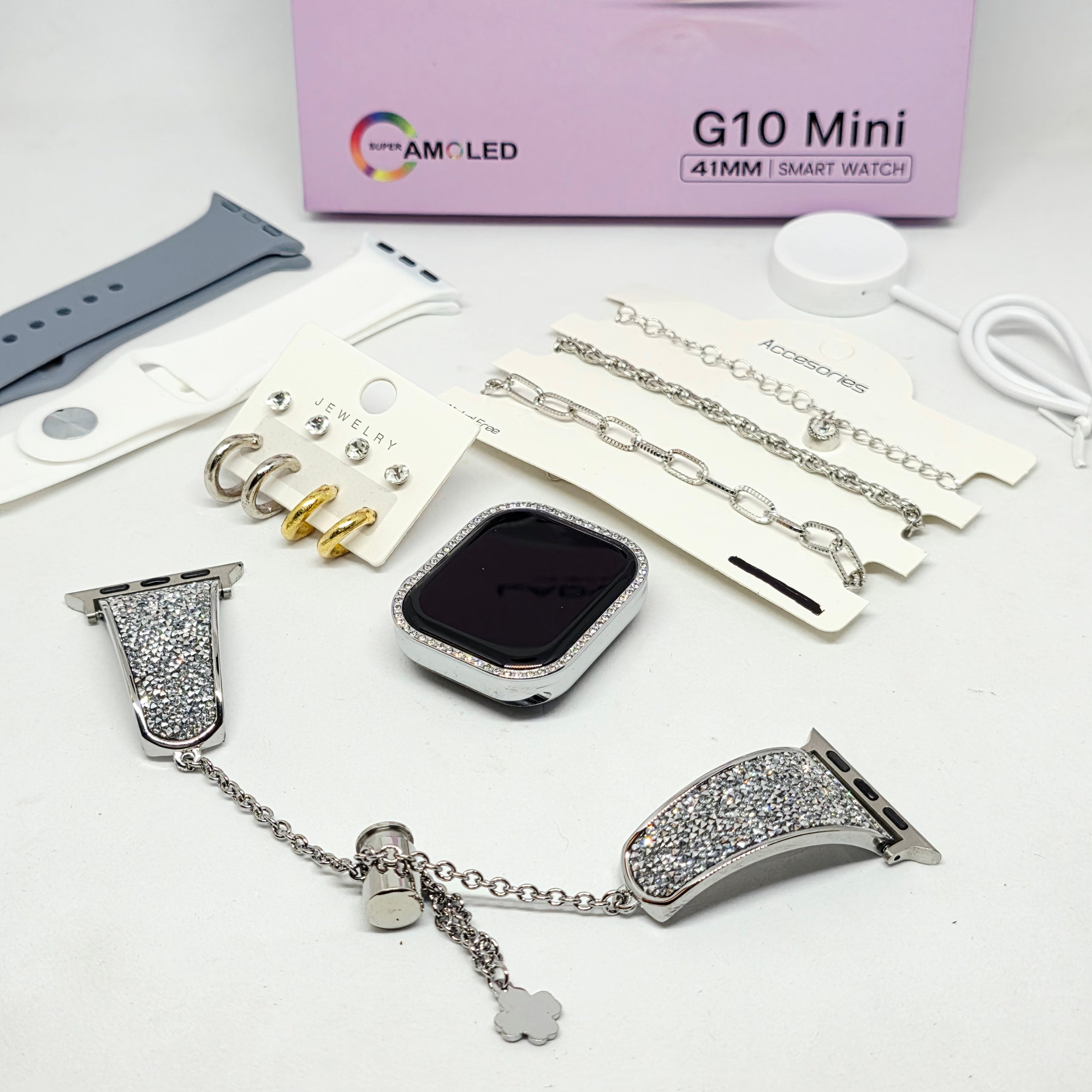 G10 Mini Kadın Akıllı Saat 41mm Süper AMOLED Ekran Taşlı Kasa Premium Tasarım (3 Kordonlu) lady ella Mstore