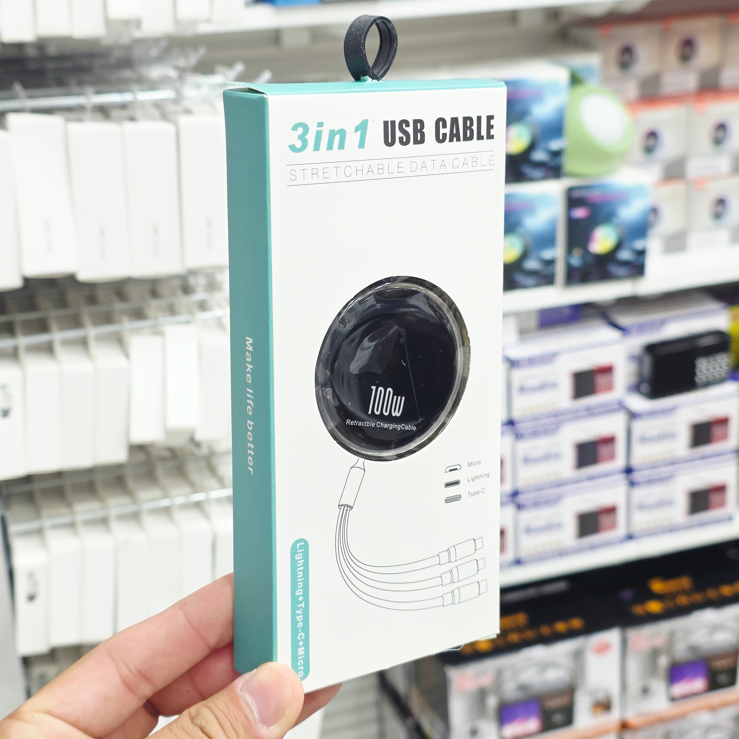 3in1 Makaralı Çoklu Şarj Kablosu 100W Hızlı Şarj - Type-C, Lightning, Micro USB Geri Çekilebilir Data Kablosu Tucci