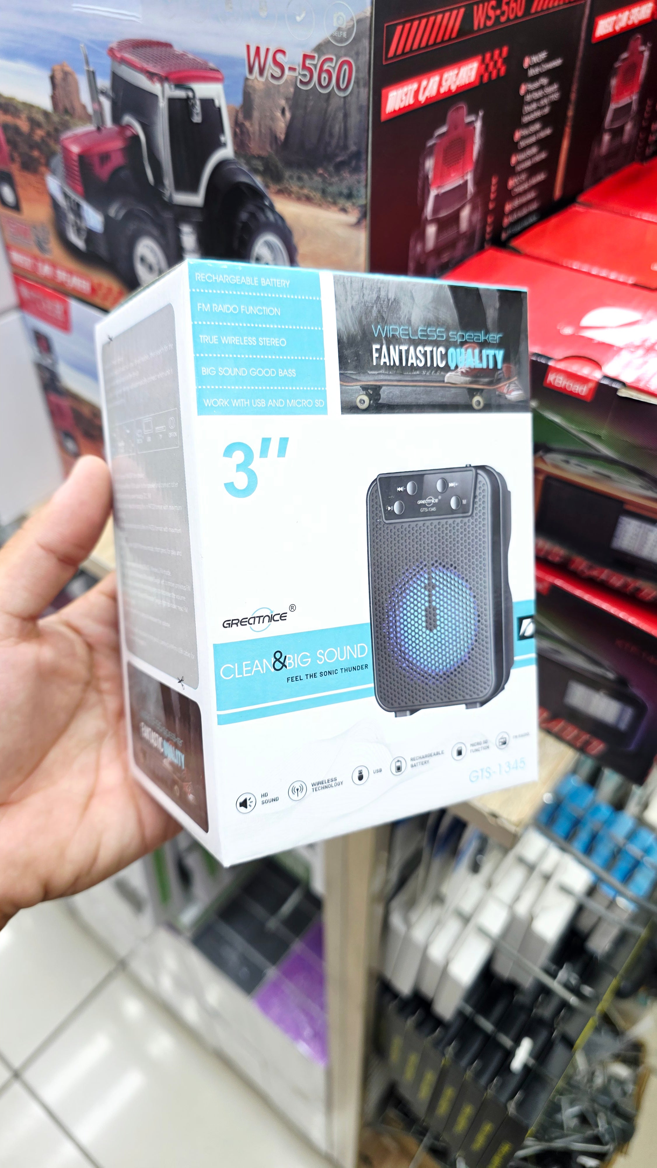 GTS-1345 3 inç Şarj Edilebilir Kablosuz Bluetooth Hoparlör - FM Radyo, USB ve Micro SD Girişli Taşınabilir Işıklı Speaker CARBON