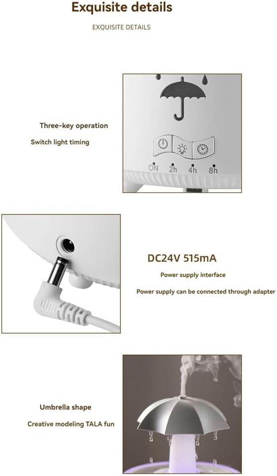 V88 3'ü 1 arada Yağmur Damlası Nemlendirici ve Esansiyel Yağ Difüzörü, Serin Sis, 360 Derece Şelale, Fısıltılı Yağmur Sesi ve 7 Ruh Hali Işığı, Şemsiye Tasarımlı Hava Nemlendirici, Ev, Yatak Odası, Oturma Odası - H3Y - KolayMagza