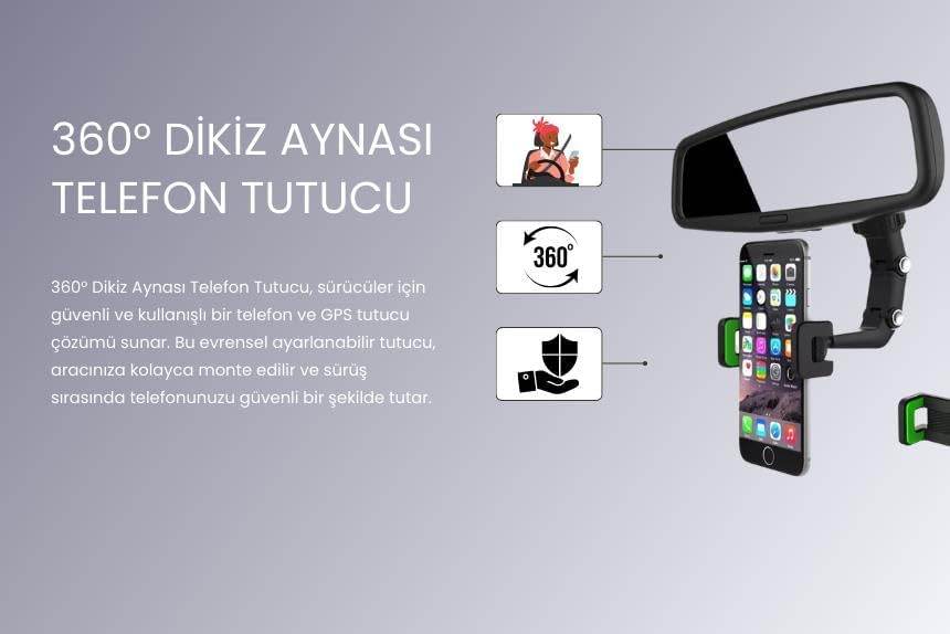 Dikiz aynaya takılan 360 derece ayarlanabilir vakumlu araç içi telefon tutucu re-03 - R1B - KolayMagza
