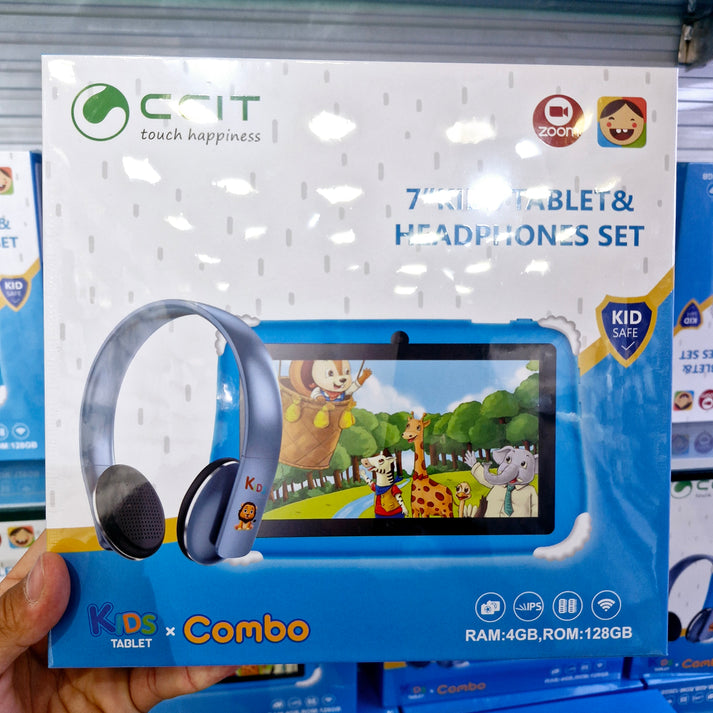 مجموعة CCIT تابلت وسماعة رأس للأطفال مقاس 7 بوصات - ذاكرة وصول عشوائي (RAM) سعة 4 جيجابايت، وذاكرة تخزين 128 جيجابايت، ونظام أندرويد 10، ودعم تقنية زووم، وتابلت تعليمي خاص للأطفال