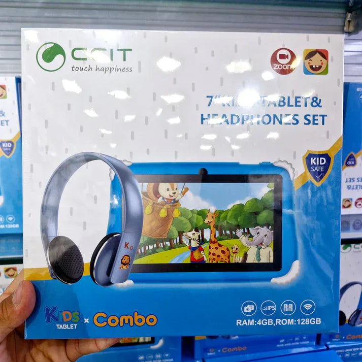 جهاز لوحي للأطفال CCIT مقاس 7 بوصات مع سماعة رأس - ذاكرة وصول عشوائي (RAM) سعة 4 جيجابايت، وذاكرة تخزين 128 جيجابايت، ونظام أندرويد 10، ويدعم خاصية التكبير/التصغير، وهو جهاز لوحي تعليمي خاص للأطفال