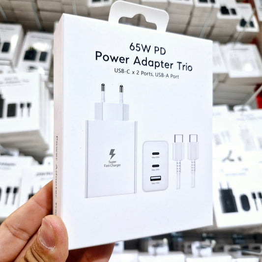 Logosuz 65w trio 3ü1 arada (typec 65w + typec 25w + usb 15w) çıkışlı adaptör ve typec to typec kablo hızlı şarj seti - S1Z