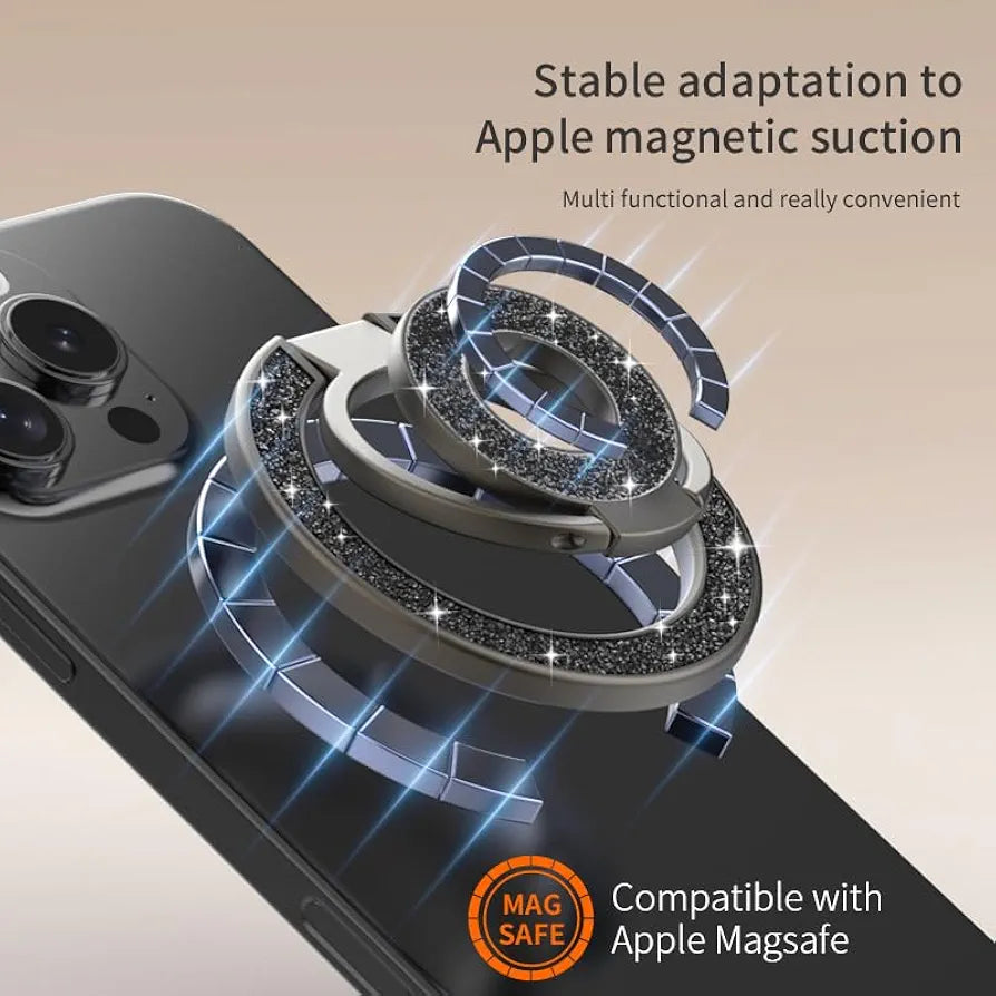 MagSafe Uyumlu Çift Halkalı Taşlı Telefon Tutucu Stand - Parlak Gümüş Telefon Yüzüğü