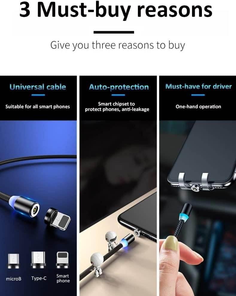 X-cable 3'ü 1 arada 2a mıknatıslı metal şarj kablosu | micro usb + type-c + lightning uçlu | 360° dönebilen manyetik kablo - S3J - KolayMagza KM Technology