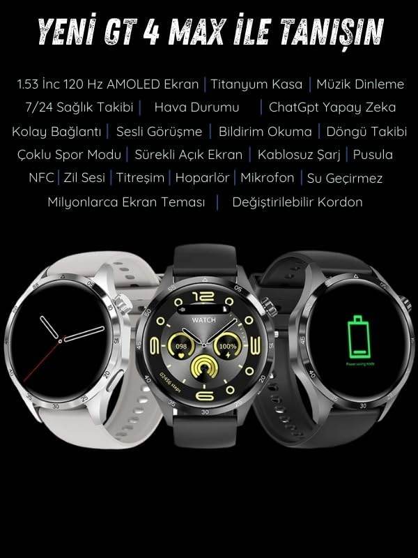 GT4 Max Premium Klasik Erkek Akıllı Saat Amoled Ekranlı Sesli Görüşme Yapan NFC,GPS,Spor Takibi,Rehber Kaydı Android&iOS İphone Huawei Xiaomi Uyumlu Kol Saati - A3J - KolayMagza