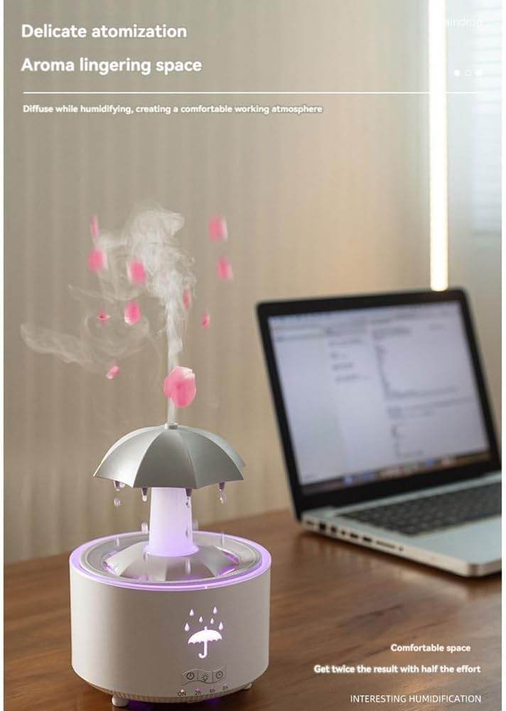 V88 3'ü 1 arada Yağmur Damlası Nemlendirici ve Esansiyel Yağ Difüzörü, Serin Sis, 360 Derece Şelale, Fısıltılı Yağmur Sesi ve 7 Ruh Hali Işığı, Şemsiye Tasarımlı Hava Nemlendirici, Ev, Yatak Odası, Oturma Odası - H3Y - KolayMagza