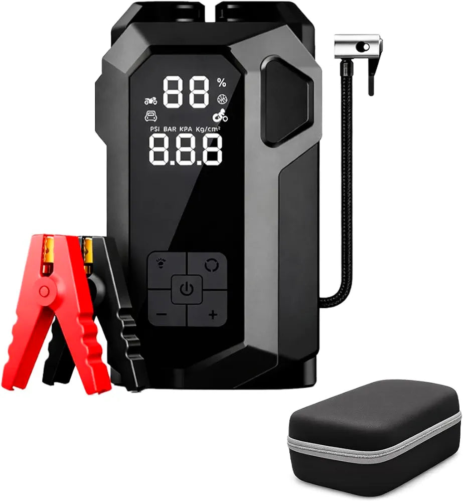 4'ü 1 Arada Taşınabilir Araç Akü Takviye Cihazı (Jump Starter) ve Dijital Hava Kompresörü - 12V Diesel Universal + el fenerli