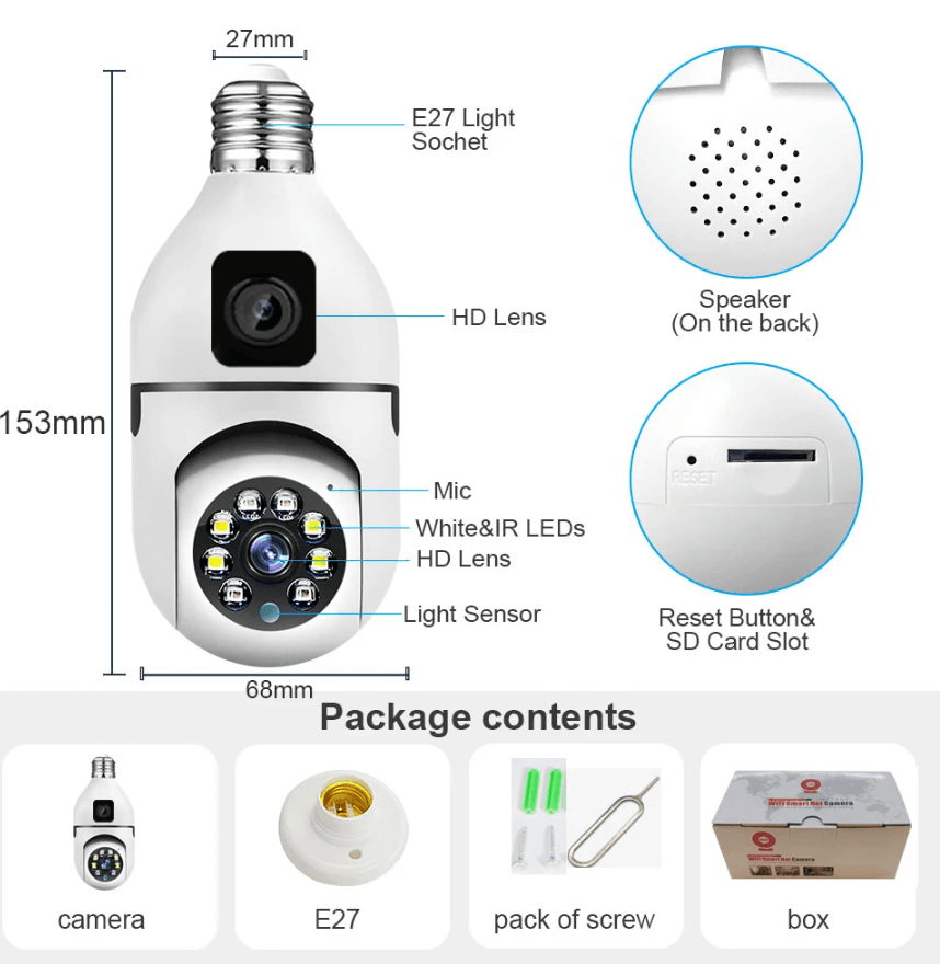 Wifi panorama Çift camera mikrofonlu 360 derece döner led ışıklı gece görüşlü full hd ampul kamera - G5J - KolayMagza