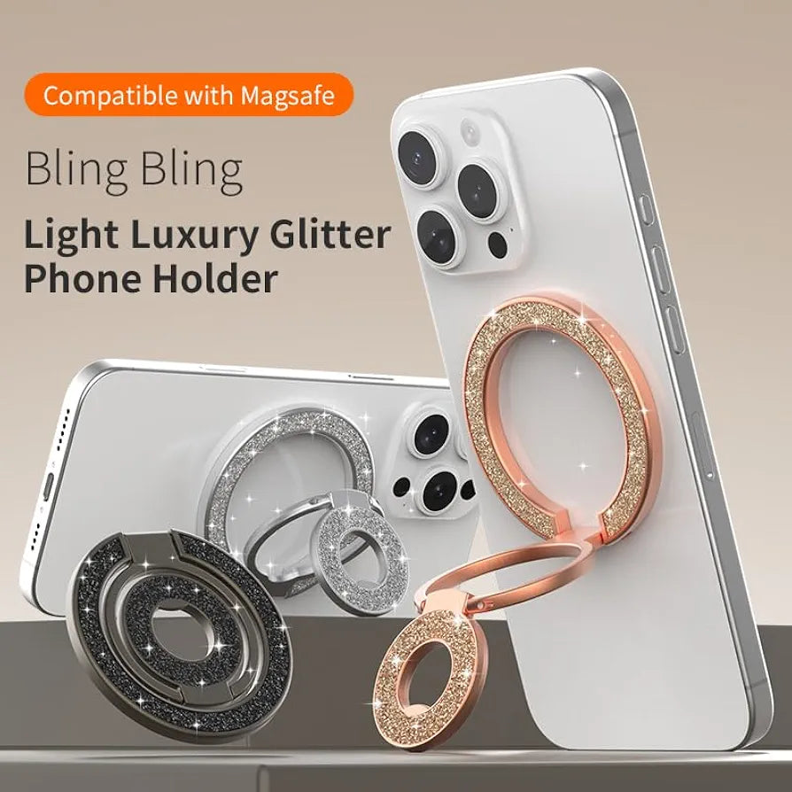 MagSafe Uyumlu Çift Halkalı Taşlı Telefon Tutucu Stand - Parlak Gümüş Telefon Yüzüğü
