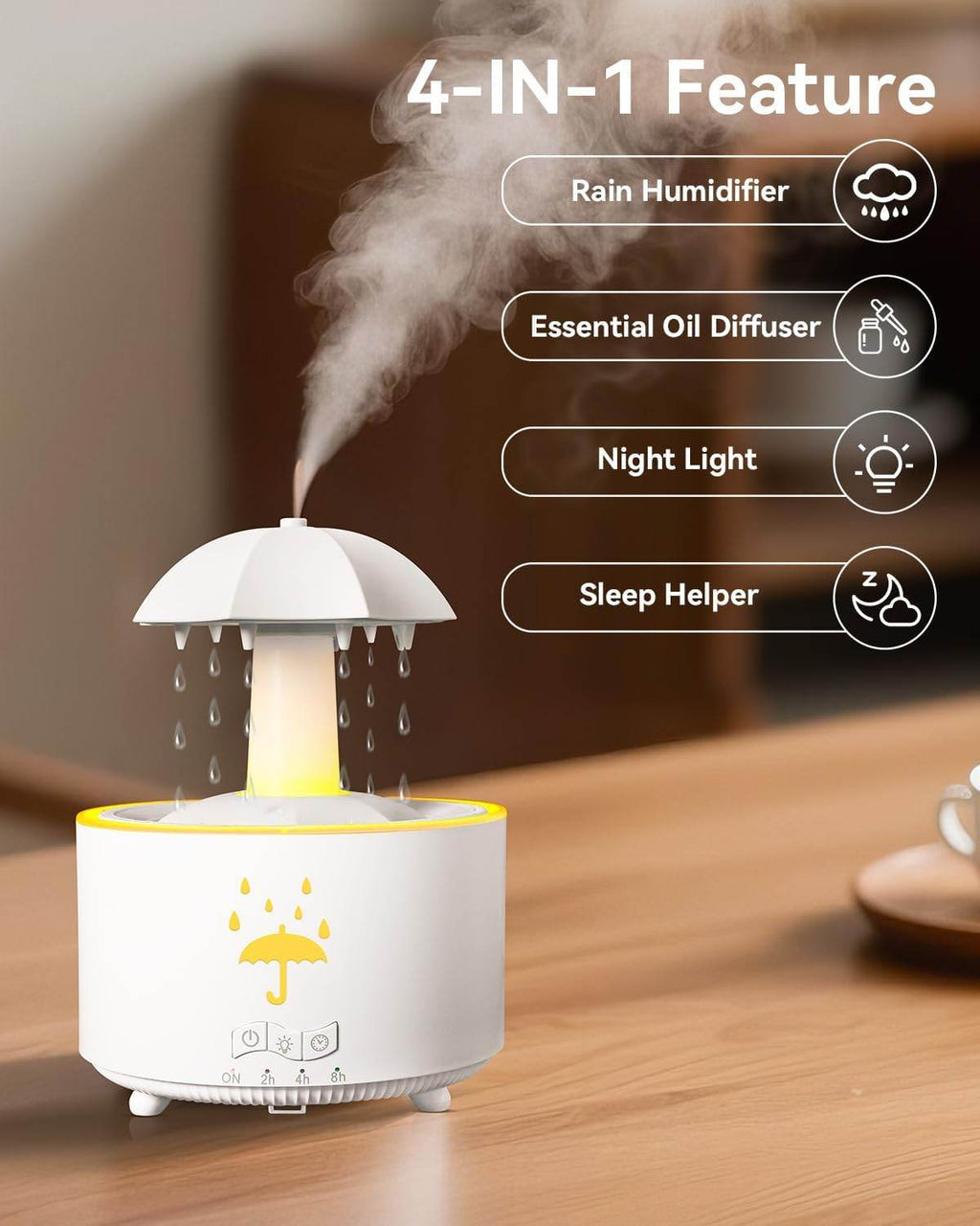 V88 3'ü 1 arada Yağmur Damlası Nemlendirici ve Esansiyel Yağ Difüzörü, Serin Sis, 360 Derece Şelale, Fısıltılı Yağmur Sesi ve 7 Ruh Hali Işığı, Şemsiye Tasarımlı Hava Nemlendirici, Ev, Yatak Odası, Oturma Odası - H3Y - KolayMagza